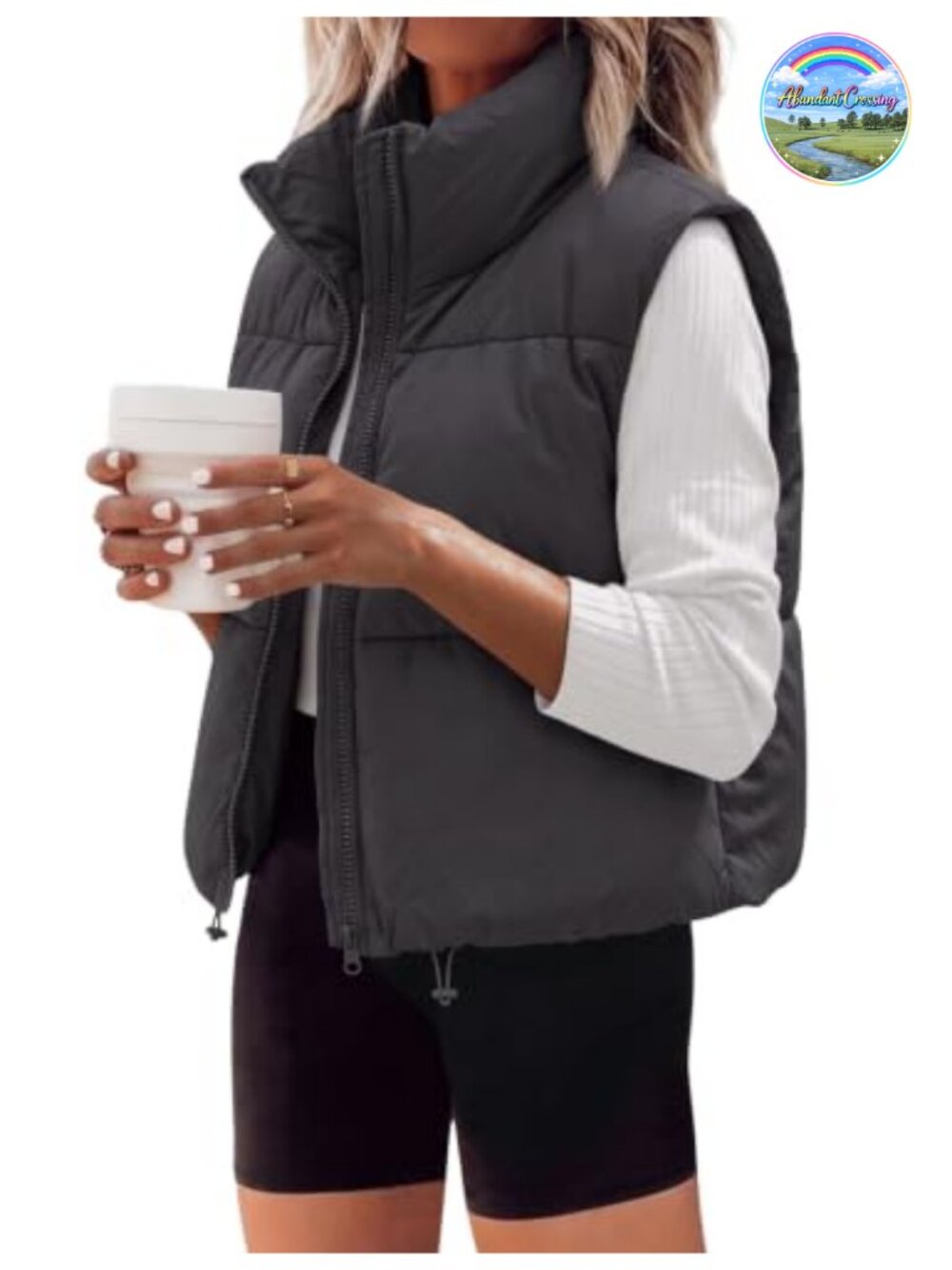Womens Cropped Puffer Vest Zip Up Stand Collar Sleeveless Quilted
